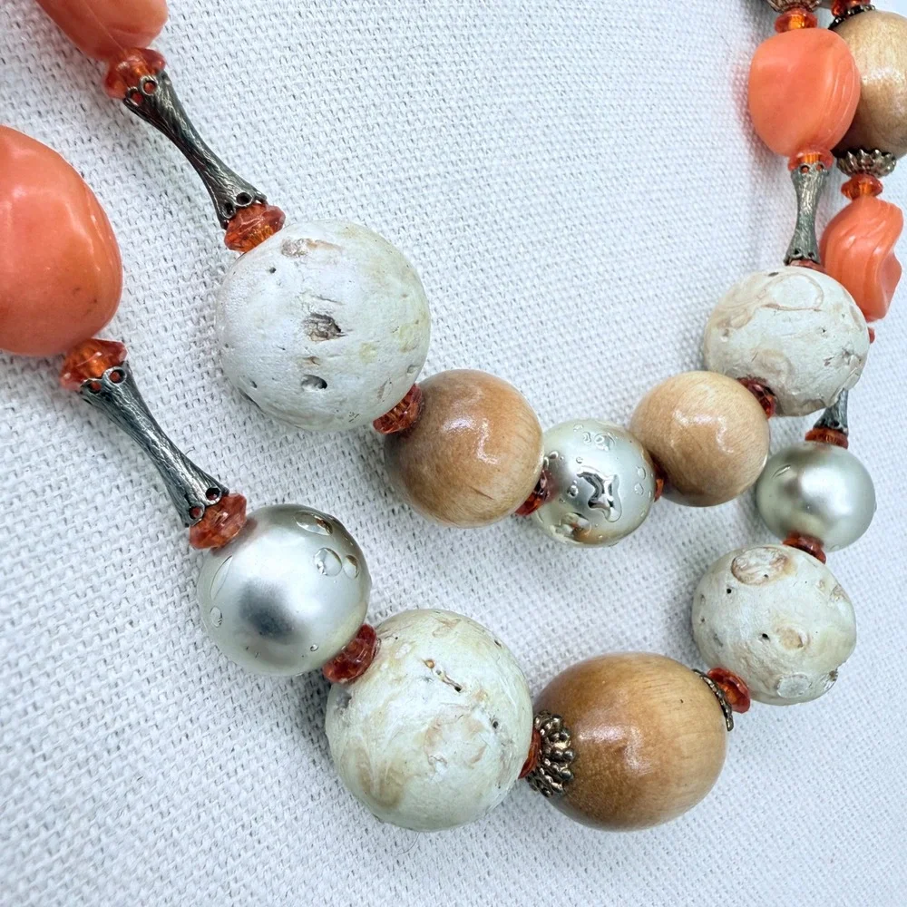 Arthur Pepper Vintage Necklace Double Strand Wood Stone Coral‎ Bead Mid Mod